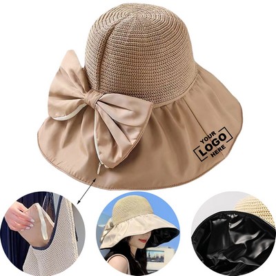 Foldable Wide Brim Beach Hat With Bowknot Storage Bag