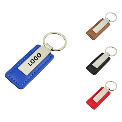 Rectangular Leather Key Chain With Metal Plate