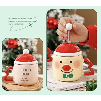 Creative Cute Clown Christmas Ceramic Mug with Lid and Spoon Holiday Gift 380ml