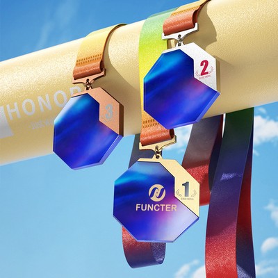 Hexagonal Man Made Crystal Aluminum Alloy Award Medal UV Coated On Background Side