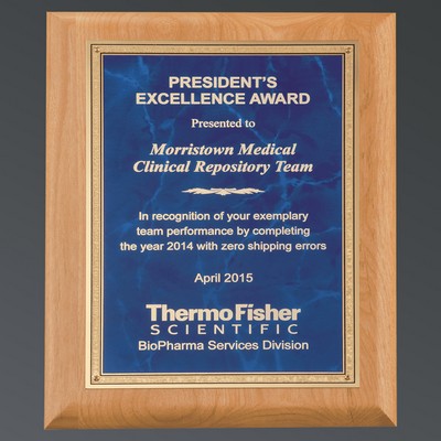 Natural Alder with Sapphire Blue Marble LaserFX Plate, Gold Florentine, Small (7"x9")