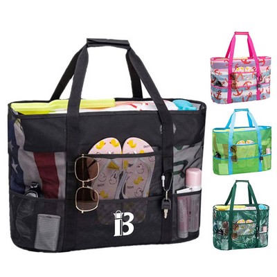 Large Mesh Nylon Beach Tote Bag w/ Pockets