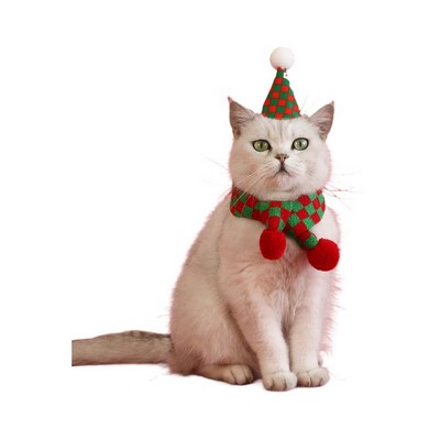 Christmas Pet Accessory Set Plaid Snowflake Knit Scarf and Pom Pom Hat for Cats and Dogs