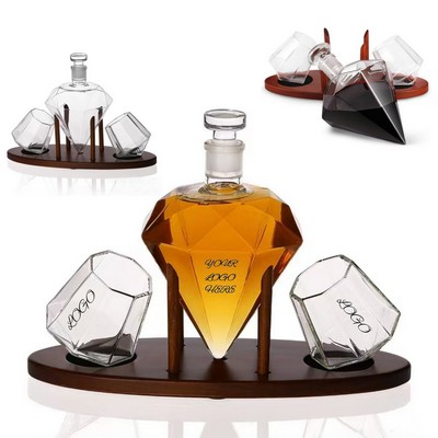 Whiskey Decanter Diamond Shaped With 2 Diamond Glasses & Mahogany Wooden Holder