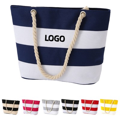 Beach Striped Canvas Rope Handle Tote Bag