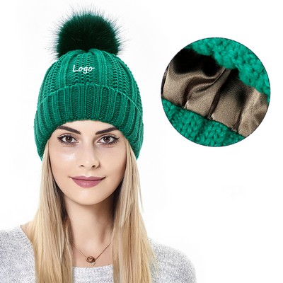Womens Winter Satin Lined Faux Fur Pom Pom Beanies Hat