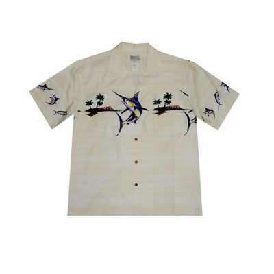 White Hawaiian Border Print Cotton Poplin Shirt w/ Button Front