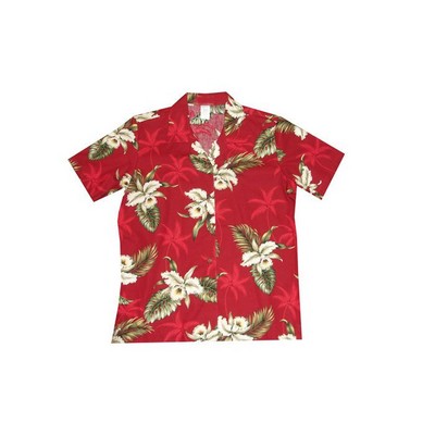 Ladies Red Hawaiian Print Cotton Short Sleeve Shirt