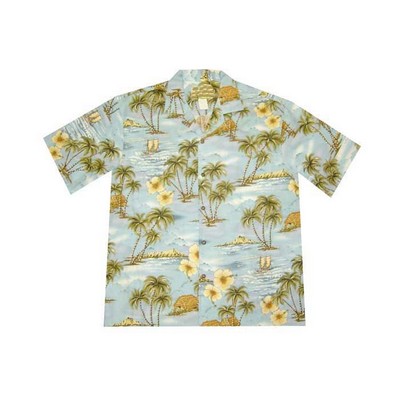 Blue Hawaiian Shirt (S - 3XL in-stock) - 100% Cotton Poplin Tropical Print w/ Coconut Buttons