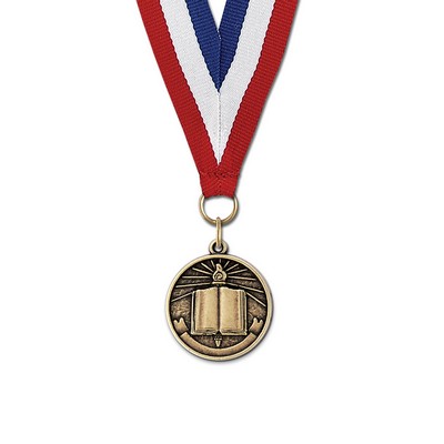 1 1/8" Open Book Cast CX Medal w/Red/White/Blue or Year Grosgrain Neck Ribbon