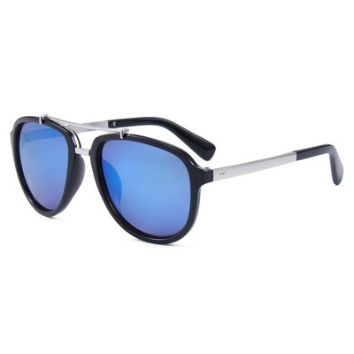 Sunglasses - Blue Mirror Lenses - Black Frames - Silver Temples
