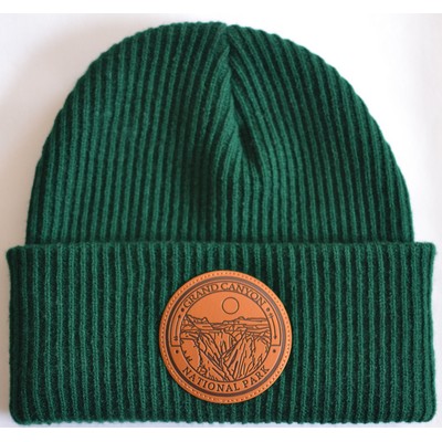 Ribbed Cuffed Beanie with Leather Patch