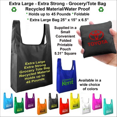 Super Strong Long Life Jumbo Grocery Tote Bag, Holds up to 45 pounds, Water Proof, Recycled Material