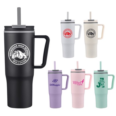 30 Oz. Double Wall Plastic Travel Mug w/Plastic Straw
