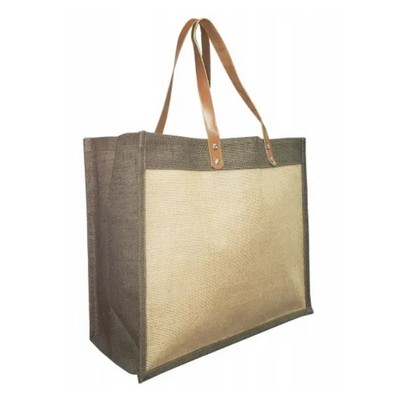 Mannitok Laminated Jute Tote w/Leatherette Handles, Tan/Charcoal