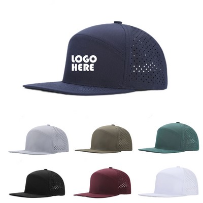 Premium 7-Panel Mesh Back Cap Flat Bill Trucker Hat With Snapback Closure