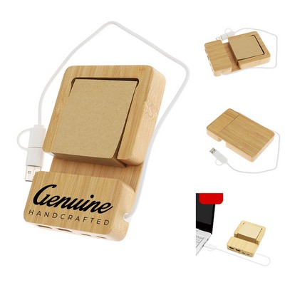 Bamboo Multi-port Usb Hub with Phone Holder and Sticky Notes Pad