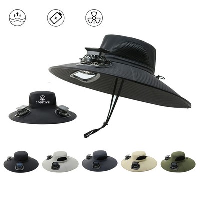 Dual Solar Fans Cooling Wide-brim Fisherman Hat