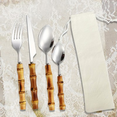 4 Piece Bamboo Utensil Set With Cotton Pouch