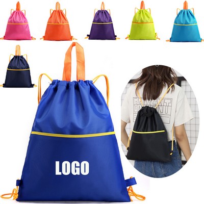 Reusable Polyester Gym Drawstring Backpack With A Front Zipper Pocket