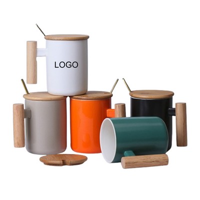 12OZ Flat Bottom Ceramic Mug With Wooden Lid & Wooden Handle