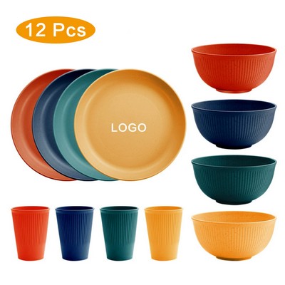 12pcs Reusable Unbreakable Dinnerware Set Kitchen Wheat Straw Cups Round Plates and Bowls Gift Set