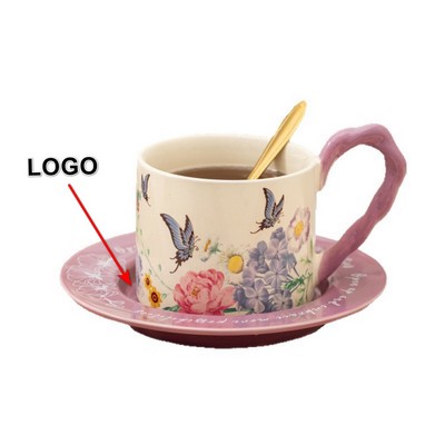 9Oz Ceramic Cup And Saucer Sets W/ Spoon