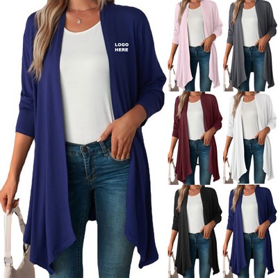 Custom Logo Women's Draped Open Front Cardigan Lightweight Duster Sweater