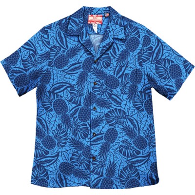 Blue Hawaiian Shirt - 100% Cotton Poplin w/Coconut Buttons & Short Sleeves