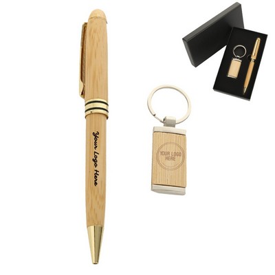Eco-Friendly Bamboo Pen & Zinc-Alloy Keychain Gift Set
