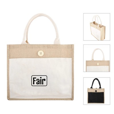 Burlap Jute Shopping Tote Bag W/Pocket Front