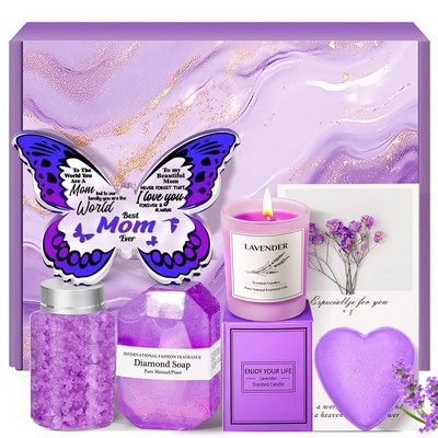 Lavender Relaxation Spa Gift Set Scented Soy Candle & Luxury Bathing Kit Elegant Purple Theme