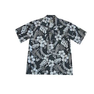 Gray Hawaiian Cotton Poplin Shirt w/ Button Front & Short Sleeves