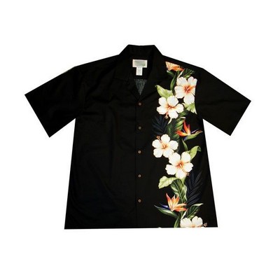 Black Hawaiian Vertical Border Print Cotton Poplin Shirt w/ Button Front