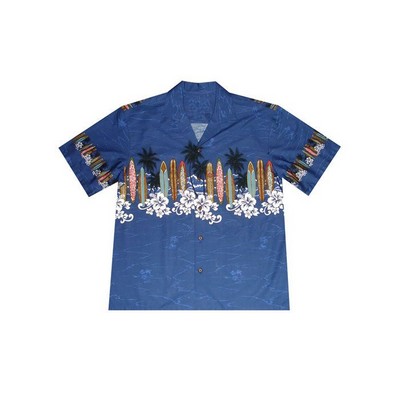 Navy Blue Hawaiian Tropical Border Print Cotton Shirt