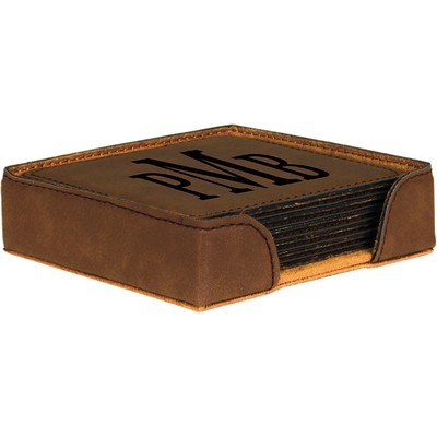 Coaster Set - Leatherette - Dark Brown/Engraves Black