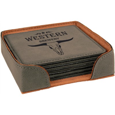 Coaster Set - Leatherette - Gray/Engraves Black