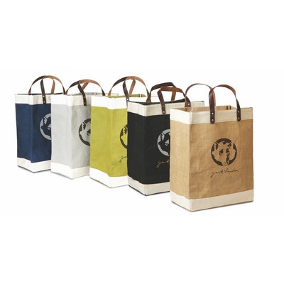 Laminated Jute Market Tote Bag with Cotton Accents & Leather Handles Colored Bags