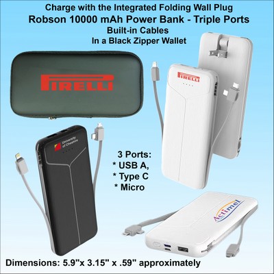 Robson 10000 mAh Power Bank, Integrated Wall Plug&Charging Cables, Black Zipper No Extra Tariff