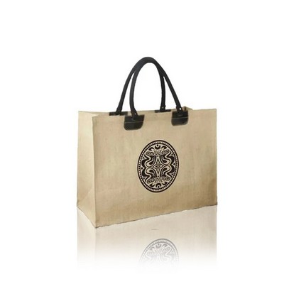 Jumbo Jute Tote with leather accents, stuffed cotton handles