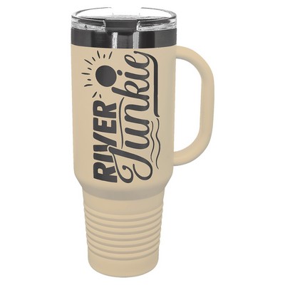 Polar Camel 40 oz. Warm Sand/Ghost Black ION-Plated Travel Mug with Handle, Straw Included
