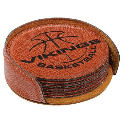 Round Coaster Set with 6 pcs, Basketball Faux Leather, Engraved, 4" Dia