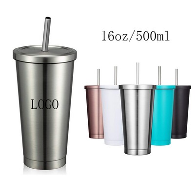 16oz Stainless Steel Insulated Vacuum Coffee Tumbler With Straw