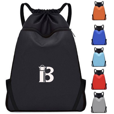 Oxford Drawstring Backpack w/ Zipper Pocket