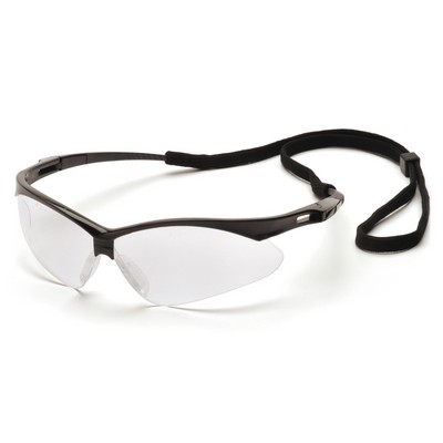 PMXTREME Safety Glasses, Black Frame with Clear Anti-Fog Lens and Cord