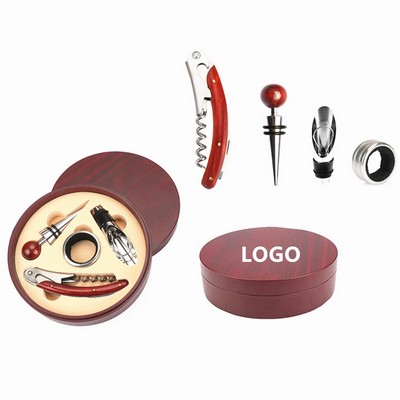 4 Piece Round Wooden Wine Tool Set