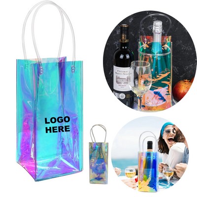 Custom Reusable Holographic Transparent PVC Ice Bag Clear Wine Bottle Tote Bag