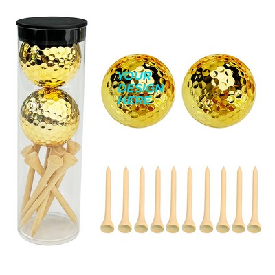Gold 2 Ball Tube with 10 Golf Tees - Custom Imprint Set