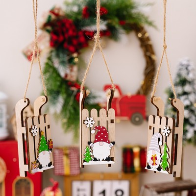 Christmas Decoration Wooden Sled Ornament Creative Wooden Santa and Gnome Hanging Decor