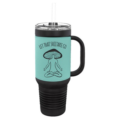 Polar Camel 40 oz. Black with Teal Laserable Leatherette Travel Mug with a Handle & Straw